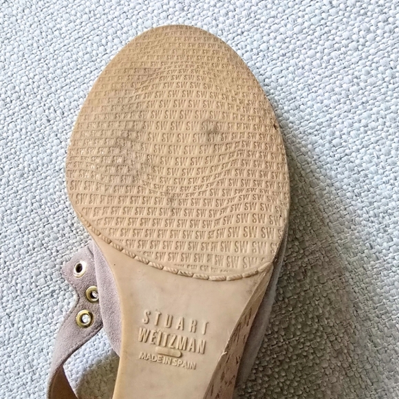 STUART WEITZMAN Suede Cork Wedges Slingbacks Grommet Lasercut Sandals 8.5 - Picture 7 of 8